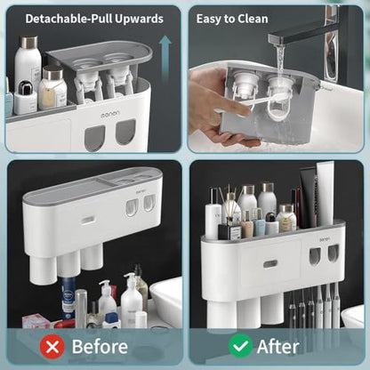 Toothbrush Holders Wall Mounted, Toothbrush Holder with Automatic Toothpaste Dispensers, 6 Brush Slots, 3 Magnetic Cups,1 Cosmetic Drawer Organizer and 1 Large Storage Tray - size: Grey 3 Cups