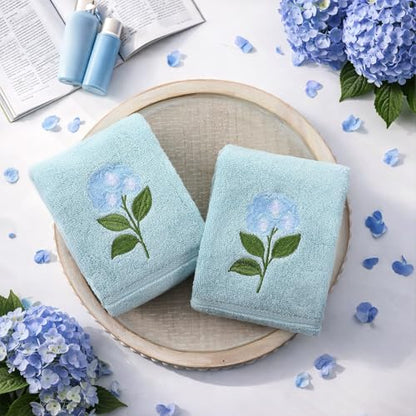 SmoothNovelty 2 Pcs Hydrangea Flower Hand Towels Dusty Blue Bathroom Decor 14x29 Inch Embroidered 100% Cotton Soft Absorbent Spring Summer Decorative Hand Towels for Bathroom Kitchen - style: Hydrangea Flower