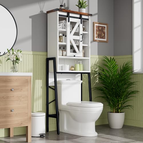 kepptory Over The Toilet Storage Cabinet, Above Toilet Storage Cabinet with Adjustable Shelves and Barn Door, Farmhouse Behind Toilet Bathroom Organizer for Bathroom, Laundry Room, Off-White - color: White