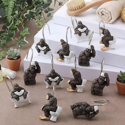 Roowest 12 Pcs Bigfoot Forest Monster Shower Curtain Hooks Western Shower Curtain Hooks Stainless Steel Rust Resistant Rings Hangers for Winter Farmhouse Rustic Bathroom Decor - style: Bigfoot Forest Monster