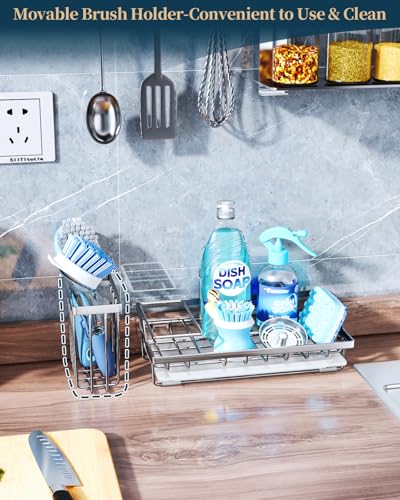 Consumest Sink Caddy, Kitchen Sponge Holder with Dish Brush Holder, Kitchen Sink Organizer with Drip Tray for Countertop Stainless Steel Rustproof, Silver-Large - color: Silver-l