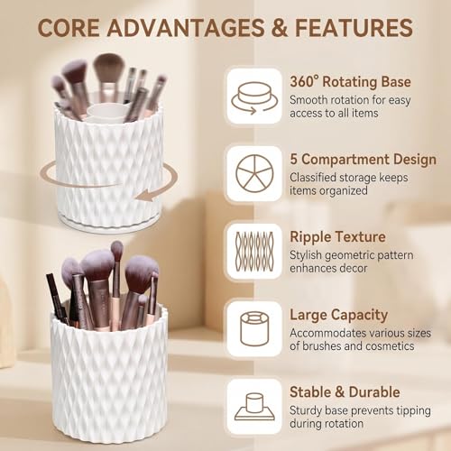 VASANA White Plastic Makeup Brush Holder Organizer 5 Slots 360 Rotating Makeup Brushes Container Round Spinning Cosmetic Storage Cup Desk Bathroom Vanity Beauty Tool for Lipsticks Eyebrow Pencils