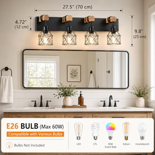 Farmhouse Vanity Light Fixture,4-Light Bathroom Lighting,Black Industrial Wood Wall Light Over Mirror with Metal Shade,LED Bulbs Not Included - color: Black, size: 4-Light-Wide 28"