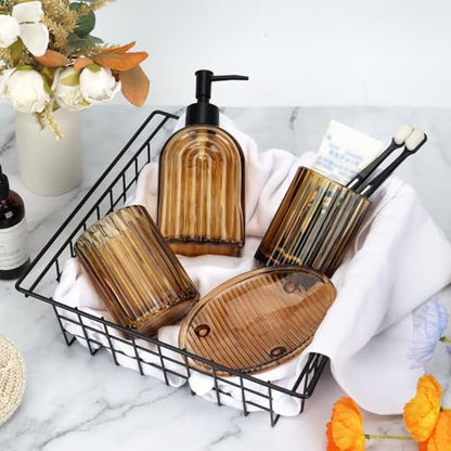 Topsky 4 Pcs Glass Bathroom Accessories Set,13oz Liquid Arch Design Hand Soap Dispenser with Stripe Toothbrush Holder,Mouthwash Cup,Soap Dish for Bathroom Countertop,Heavy Weight,Amber