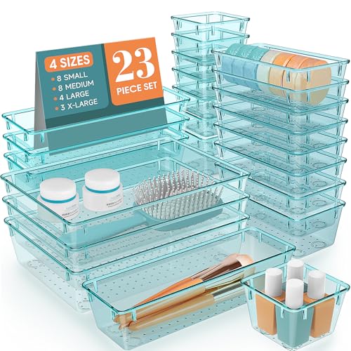 23 PCS Plastic Drawer Organizers Set, 4 Size Desk Drawer Organizer Trays | 4 Size Desk Drawer Organizer Trays for Makeup, Jewelry, Kitchen Utensils, Gadgets and Office - color: Sea Blue, size: 23 PCS