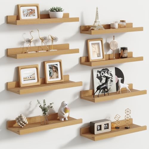 Floating Picture Ledge Shelves Set of 8, 16 Inch Shelves with Lip - Large Nursery Book Shelf for Toys Storage, Kids Bookshelf, Living Room, Bedroom Decor Frames - color: Oak, size: 16'', Set of 8