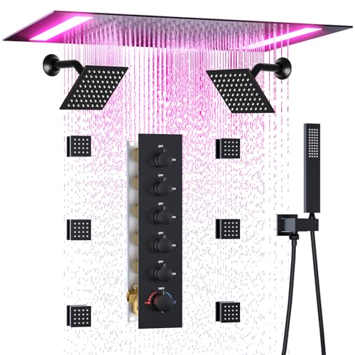 HOMEDEC Multi-Function Shower System with LED 14x20inch and Dual 6" Shower Heads, 5 Way Thermostatic Diverter Valve Shower Faucet Set, Black - color: Black, style: 5-Way + 2x 6" Top
