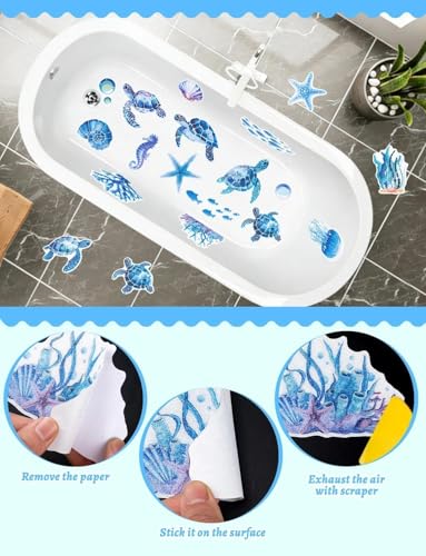 26Pcs Non Slip Bathtub Stickers, Cute Turtle Stickers with Scraper | Sea Creature Anti Slip Bath Tub Shower Decal with Adhesive Back for Bathroom, Shower Stairs - color: Turtles, size: 26Pcs