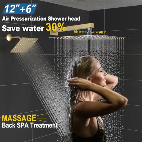 Enga Thermostatic Dual Shower System, 12"+6" Wall Mount Dual Rain Shower Faucet, All Functions Use Together & Volume Adjustable, Brushed Gold - color: Brushed Gold, style: ‎12"+6" Head