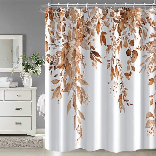Brown Eucalyptus Shower Curtain Extra Wide 108x72 inch 18 Hooks | Waterproof Spring Leaves Shower Curtain Set for Bathroom, Soft and Lightweight, Machine Washable - color: Brown, size: 108"W x 72"L (Pack of 1)