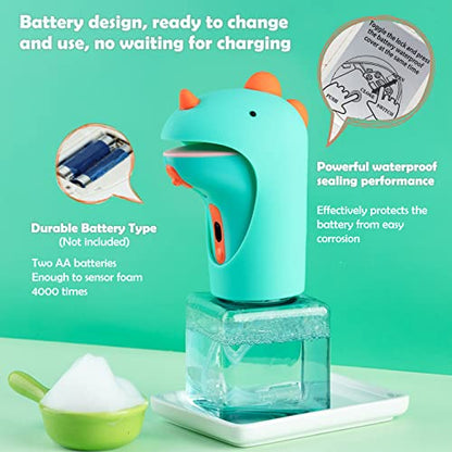 Seawah Automatic Soap Dispenser for Kids,IPX6 Waterproof Cute Dinosaur Foam Smart Hand Foaming Touchless Soap Dispenser for Bathroom Countertop, 8.7oz/250ML - color: Green