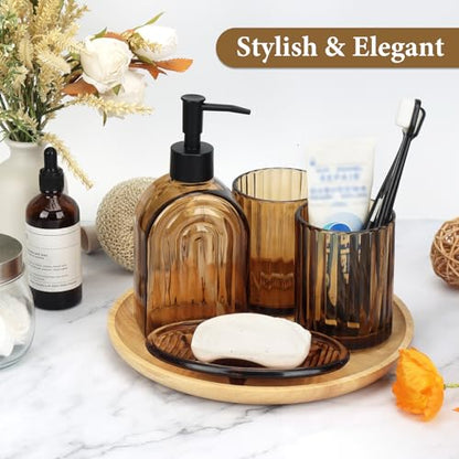 Topsky 4 Pcs Glass Bathroom Accessories Set,13oz Liquid Arch Design Hand Soap Dispenser with Stripe Toothbrush Holder,Mouthwash Cup,Soap Dish for Bathroom Countertop,Heavy Weight,Amber