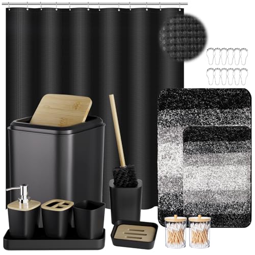 XLHOMO 24PCS Bathroom Sets with Shower Curtain and Rugs,Black Bathroom Accessories Set Waterproof Black and White Shower Curtain Set, Toilet Brush, Trash Can & Bathroom Rug - size: Bath Set+Shower Curtain+Bath Rugs, style: Black6