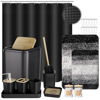 XLHOMO 24PCS Bathroom Sets with Shower Curtain and Rugs,Black Bathroom Accessories Set Waterproof Black and White Shower Curtain Set, Toilet Brush, Trash Can & Bathroom Rug - size: Bath Set+Shower Curtain+Bath Rugs, style: Black6