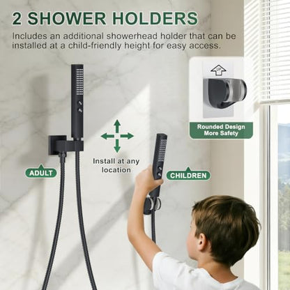 Rain Shower System with Rough-in Valve, Ceiling Mount Shower Faucet Set with 12" & 6" Dual Rain Shower Heads, 2-in-1 Handheld Shower, Tub Spout, 4-Function Complete Shower Fixture, Matte Black - color: Matte Black, size: Ceiling Mount-12"+6" head with Tub