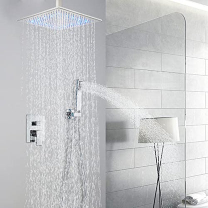 Ceiling Mount Shower Faucet Set 12 Inch LED Rainfall Shower Head Bathroom Rainfall Shower System with Handheld Spray Rough-in Valve Body and Trim Included, Chrome Finished - color: ‎Polished Chrome, style: 12"-led