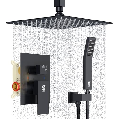 SR SUN RISE 10 Inch Ceiling Mounted Shower System Rain Mixer Shower Combo Set Rainfall Shower Head System Matte Black Shower Faucet Rough-in Valve Body and Trim Included - color: Matte Black, style: 10 inch