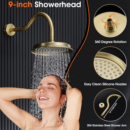 Rainfall Shower System Shower Faucet Set, Luxury, Antique, Light Gold | 9 Inch Shower Head and Handheld Spray, Pressure Balance Valve, Wall Mounted, Bathroom, Shower Trim Kit - color: Brushed Light Gold, style: With Handheld