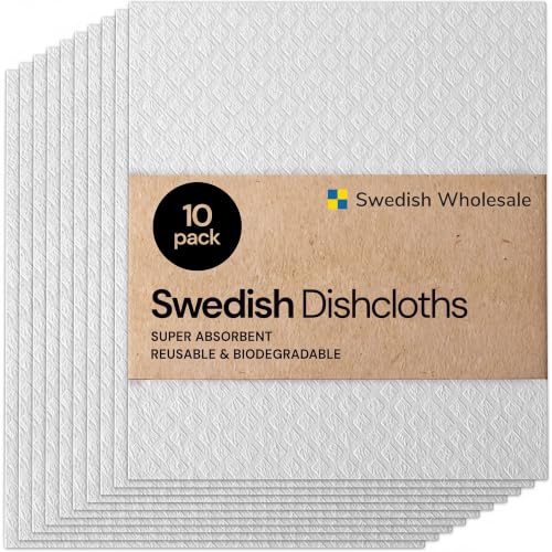 Swedish Wholesale Dishcloths Reusable 8" x 7" Sponge Cloths, Bulk 10 Pack of High Absorbent Cellulose Dish & Kitchen Cleaning Hand Towels, Wring to Dry & Machine Wash, Odor Resistant, White - color: White
