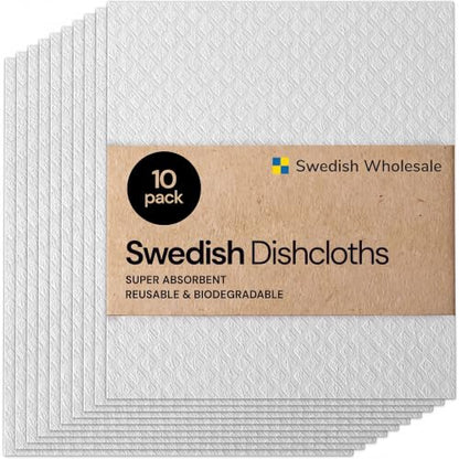Swedish Wholesale Dishcloths Reusable 8" x 7" Sponge Cloths, Bulk 10 Pack of High Absorbent Cellulose Dish & Kitchen Cleaning Hand Towels, Wring to Dry & Machine Wash, Odor Resistant, White - color: White