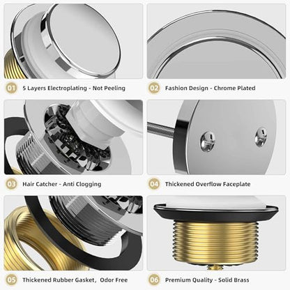 Tip-Toe Bathtub Drain Kit with Hair Catcher, Chrome Plated | 2-Hole Overflow Faceplate, Solid Brass, 5-Layer Plated, Fits 1.5"/1.75" Drains, For Bathroom Remodel, Matches Fixtures - color: Chrome Plated