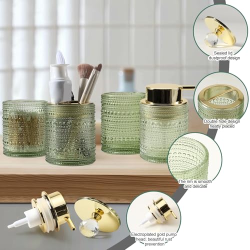DASITON Bathroom Accessories Set,4Pcs Glass Bathroom Counter Set with Foaming Soap Dispenser,Toothbrush Holder,Bathroom Tumbler,Cotton Swab Jars, for Vanity Bathroom Decor(Green A) - style: Green A