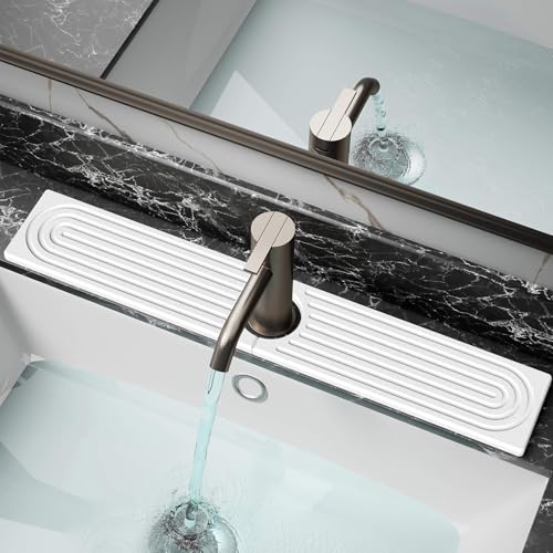 DK177 Diatomite Fast Drying Faucet Mat for Kitchen Sink, Water Absorbing Stone Tray, Faucet Splash Guard for Bathroom Counter, White, 23.6" x 4" - color: White, size: 23.5" x 4"