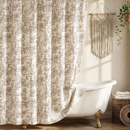 Farmhouse Brown Floral Shower Curtain with 12 Clear Rings, Fabric Faux Linen Shower Curtain Set, Vintage Cottagecore Shower Curtain for Bathroom 72" W x 72" L - color: Brown-taupe Base, size: 72"W x 72"L (Pack of 1)