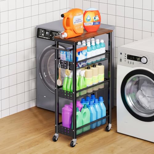 Black Slim Storage Cart with Wood Top, Small Kitchen Cart on Wheels with Metal Handle, Narrow Rolling Shelf Unit, Skinny Bathroom Rack, Laundry Organizer Between Washer and Dryer for Thin Small Spaces - color: Matte Black, size: 4-Tier