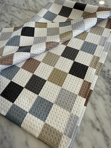 Kitchen Towels, Dish Towels for Kitchen, 2 Pc Kitchen Towel Set | Microfiber Waffle Towels, 16 x 26 inches, with Hanging Loops, Reusable Tea Towels, Cute Kitchen Towels - 2 Pack - color: Multi Checkered Gray Tan