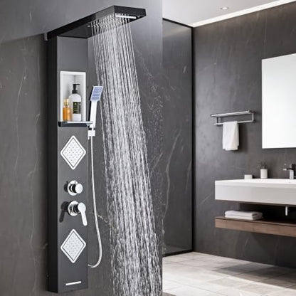 Shower Panel Tower System with Storage- Brushed Black | 304 Stainless Steel 5-Function Shower Panel Faucet Set with Powerful Body Jets, Rainfall, Waterfall,Handheld and Tub Spout - color: Brushed Black