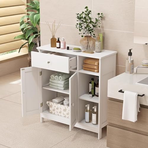 GOFLAME Bathroom Cabinet, 29.5" x 12" x 31.5" Floor Storage Cabinet with 1 Drawer, 3 Open Compartments, Adjustable Shelves, White