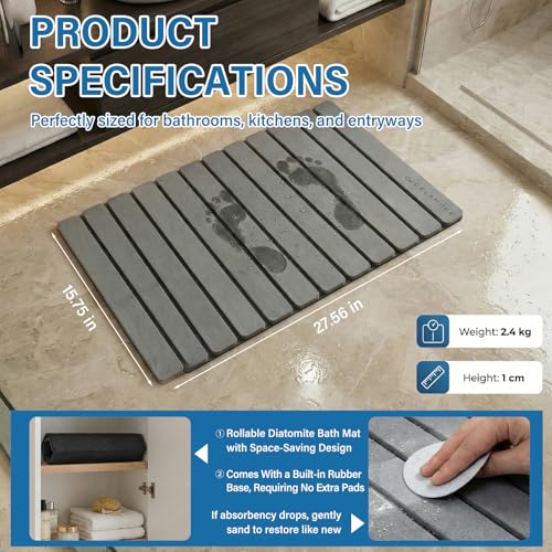 ELAMORE Foldable Stone Bath Mat – Diatomaceous Earth Bath Mat, Super Absorbent Quick Dry Shower Mat, Non Slip Bathroom Floor Mat, 28 x 16 Inches Gray - size: 28" x 16" (Rectangular)