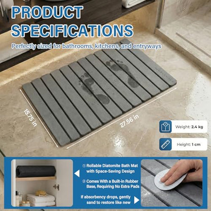 ELAMORE Foldable Stone Bath Mat – Diatomaceous Earth Bath Mat, Super Absorbent Quick Dry Shower Mat, Non Slip Bathroom Floor Mat, 28 x 16 Inches Gray - size: 28" x 16" (Rectangular)