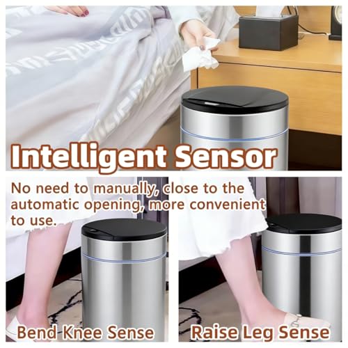 Garbage Can with Lid, Intelligent Sensor Opening (1, Silver) | Smart Trash Can for Living Room, Bedroom, Kitchen and Bathroom - color: Silver