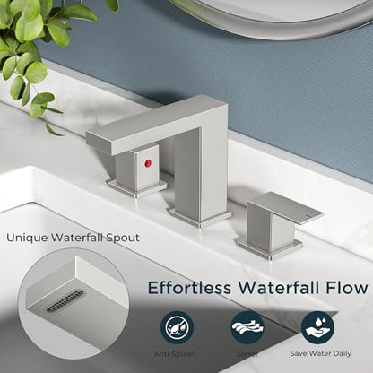 FORIOUS 8 in Brushed Nickel Bathroom Faucet Waterfall 3 Holes, Commercial | Two Handle 3 Hole Bathroom Sink Faucet Brushed Nickel, Silver Waterfall Faucet for Bathroom Sink for Renovation and Upgrading - color: Stainless Steel, style: Transitional