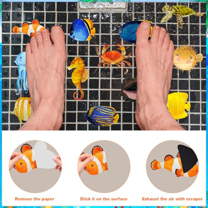 20 Pcs Non Slip Bathtub Stickers Submarine Sea Creature Anti Slip Decals Adhesive Turtle Fish Jellyfish Bathtub Appliques with Scraper for Shower and Bath (Color D) - color: Color D