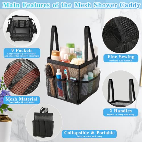 Mesh Shower Caddy, Portable Black Beach Tote Bag for Bathroom Dorm Essentials, Quick Dry Toiletry Organizer Large with 2 Handles 9 Pockets for Swim Pool Gym College Camp Travel Women Men Basket Bag