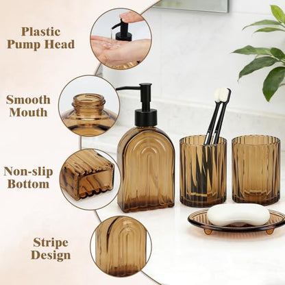Topsky 4 Pcs Glass Bathroom Accessories Set,13oz Liquid Arch Design Hand Soap Dispenser with Stripe Toothbrush Holder,Mouthwash Cup,Soap Dish for Bathroom Countertop,Heavy Weight,Amber