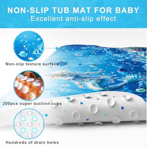 Upgrade Cartoon Baby Bath Mat Non Slip - 40"x16" Extra Long Bathtub Mat for Baby Eco Friendly Durable Bath Mat for Tub Non Slip Kids Tub Mat with Suction Cups, Machine Washable and No Fading, Mermaid - color: H-mermaid-5