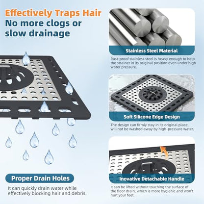 Hibbent Upgraded Shower Drain Hair Catcher for Bathroom Floor 4" Drain, Anti-Clogging Shower Drain Cover, Stainless Steel & Silicone Drain Strainer with Handle, Shower Drain Protector, Dark Grey - color: 4' Dark Grey