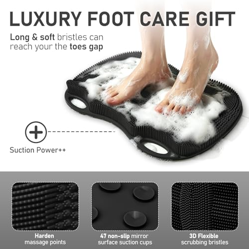 XL Shower Foot Scrubber Mat in Shower with Non-slip Suction Cups | Silicone Feet Toes Deep Clean Exfoliating Massage Brush without Bending, Use in Bathtub Floor Bathroom Safe 17.4*13.4" Black - color: 17.4*13.39" Black