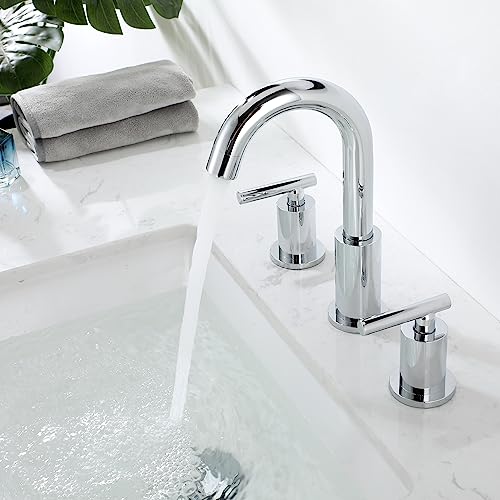 ChiLDano 8 in Widespread 2 Handle Chrome Bathroom Faucet for Sink 3 Hole | Polished Chrome Vanity Faucet for Bathroom Sink 3 Hole with Pop Up Drain and Supply Hose, Wide Spread Sink Faucet - color: Chrome