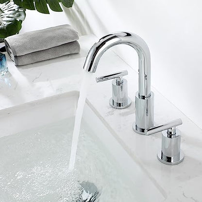 ChiLDano 8 in Widespread 2 Handle Chrome Bathroom Faucet for Sink 3 Hole | Polished Chrome Vanity Faucet for Bathroom Sink 3 Hole with Pop Up Drain and Supply Hose, Wide Spread Sink Faucet - color: Chrome