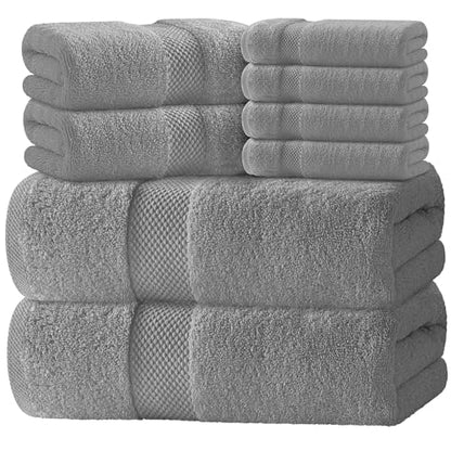 White Classic Luxury Bath Towel Set of 8 Pieces - 100% Turkish Cotton Highly Absorbent Towels for Bathroom, 2 Luxury Bath Towels 700GSM, 2 Hand Towels, 4 Washcloths, Light Gray - color: 02: Light Grey