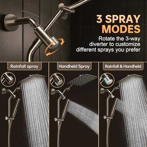 Veken All Metal 10" Luxurious Brushed Nickel Rain Shower Head with Handheld | Dual High Pressure Shower Heads, Power-wash Hand Held with Hose,Double Detachable Showerhead,Square Rainfall,Bathroom Upgrade - color: Brushed Nickel, size: 10 Inch