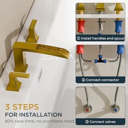 FORIOUS Roman Bathtub Faucet 3 Hole Deck Mount with 2 Handle Brushed Gold | Tub Faucet for 3-Hole Set, 6-12" Centered Distance, Widespread Garden Bath Tub, Waterfall Spout, High Flow, Brass - color: Brushed Gold