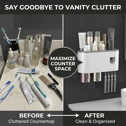 Multifunctional Wall-Mounted Toothbrush Holder, Automatic Toothpaste Dispenser Space Saving Toothbrush and Toothpaste Holder, with 2 Cup and Cosmetic Organizer (Gray 2Cup)