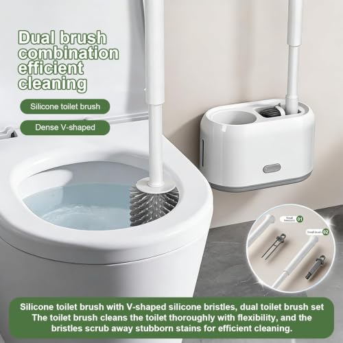 ROOM127 Wall-Mounted 2-in-1 Toilet Brush Set with Holder and Crevice Brush | Curved Under-Rim Bowl Brush with V-Shaped Crevice Scrubber and Long Handles for Tile Gaps, Grout Lines and Bathroom Corners
