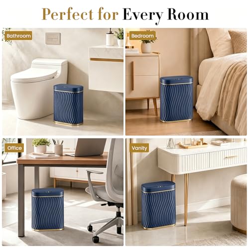 Ogikey Bathroom Small Trash Can with Automatic Touchless Lid, 2.6 Gallon Smart Garbage Can Narrow Waterproof Trash Bin for Bedroom, Office, Living Room - color: 2.6 gallon-Gold Blue